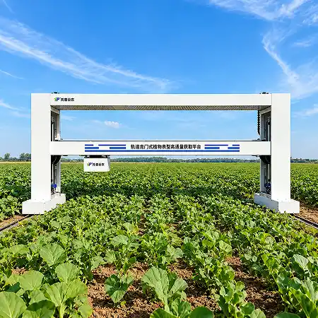 Рельсовая система фенотипирования растений TPN-GTL-GT — белая портальная установка с измерительным модулем над посевами